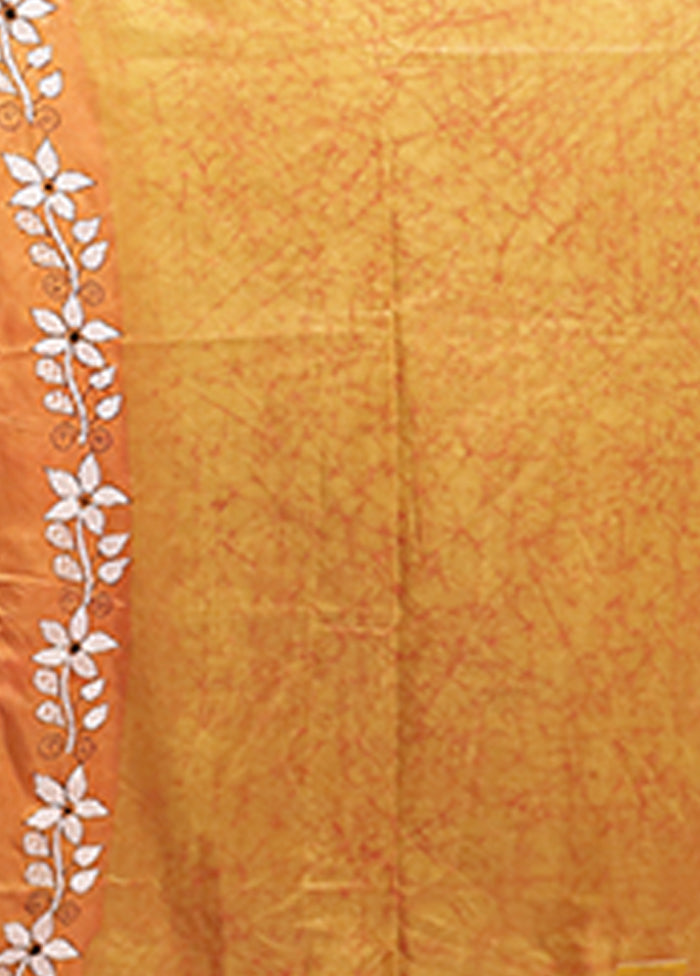 Yellow Kantha Stitch Silk Saree With Blouse Piece