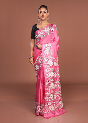Pink Kantha Stitch Silk Saree With Blouse Piece