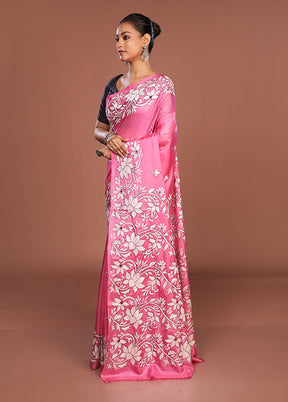 Pink Kantha Stitch Silk Saree With Blouse Piece