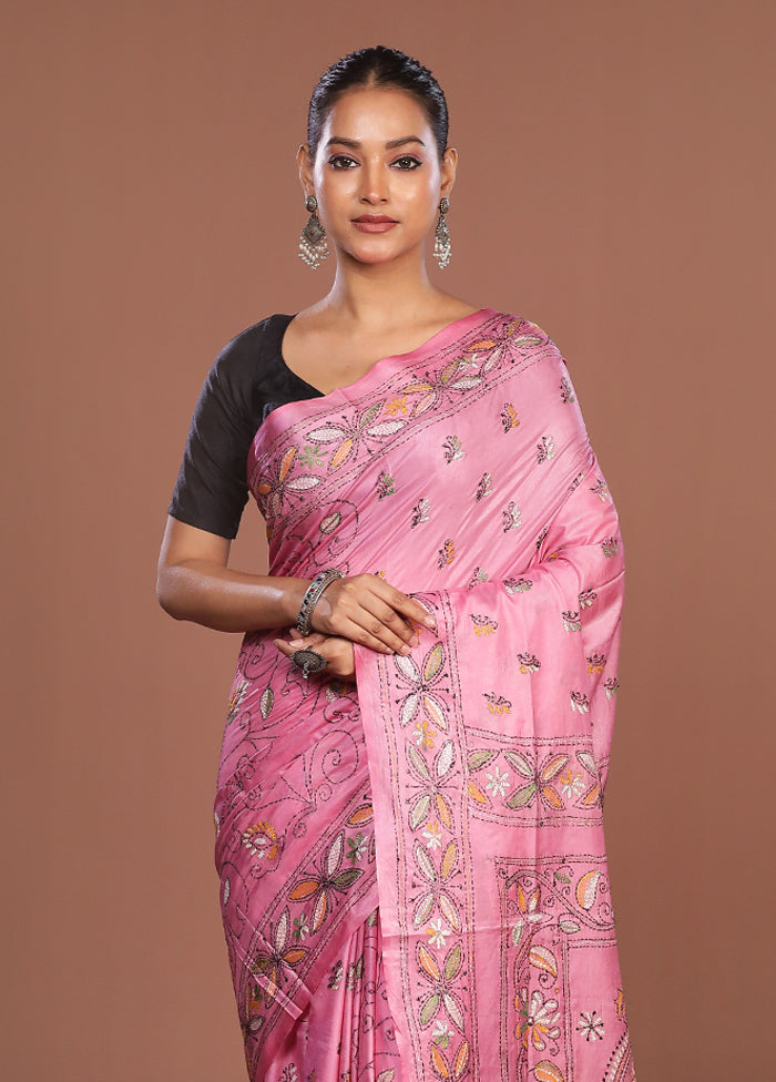 Pink Kantha Stitch Silk Saree With Blouse Piece