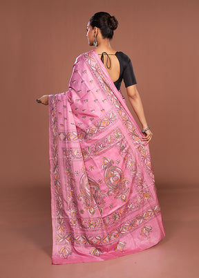 Pink Kantha Stitch Silk Saree With Blouse Piece