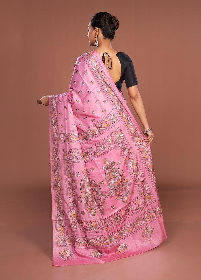 Pink Kantha Stitch Silk Saree With Blouse Piece