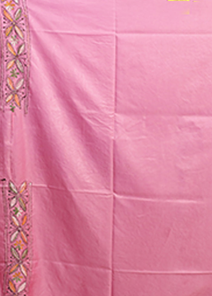 Pink Kantha Stitch Silk Saree With Blouse Piece