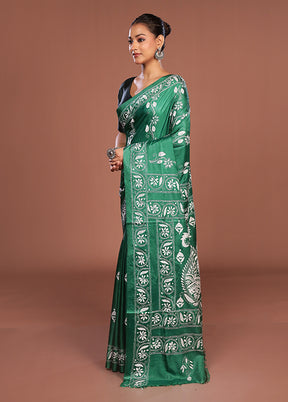 Green Kantha Stitch Silk Saree With Blouse Piece
