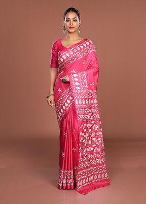Pink Kantha Stitch Silk Saree With Blouse Piece