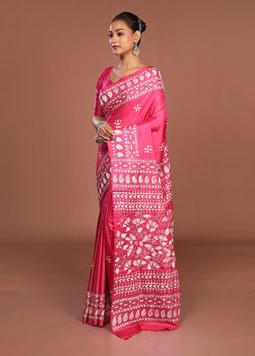 Pink Kantha Stitch Silk Saree With Blouse Piece