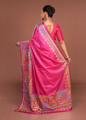 Pink Kantha Stitch Silk Saree With Blouse Piece