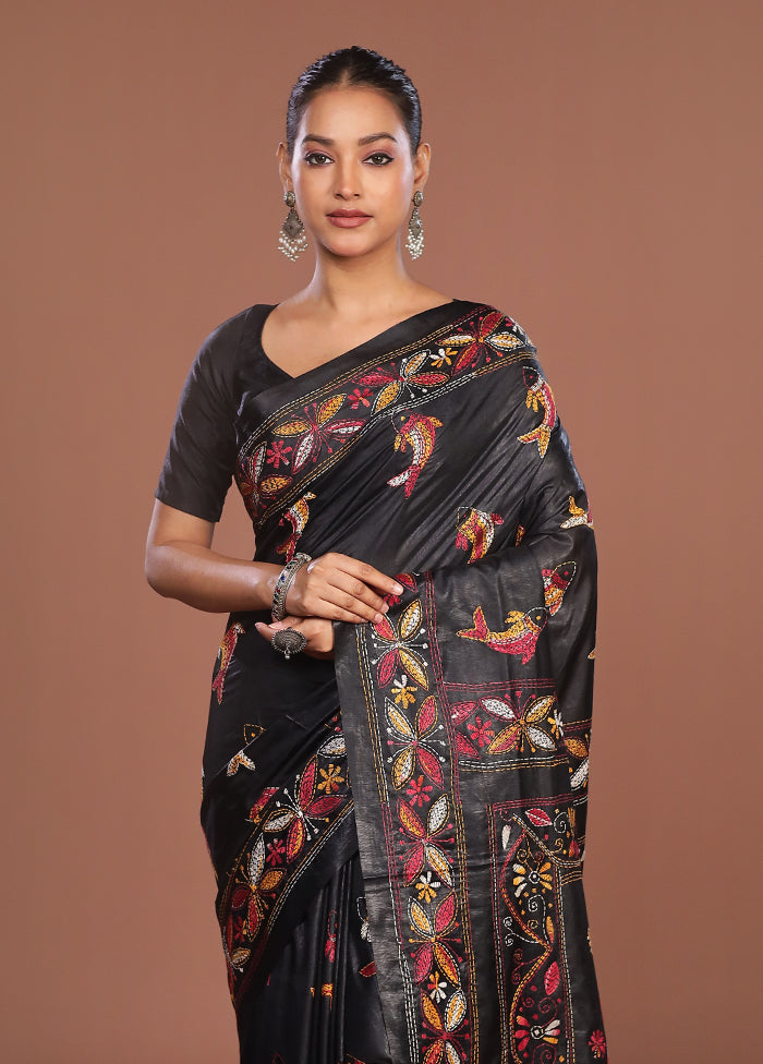 Black Kantha Stitch Silk Saree With Blouse Piece