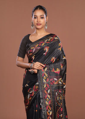 Black Kantha Stitch Silk Saree With Blouse Piece