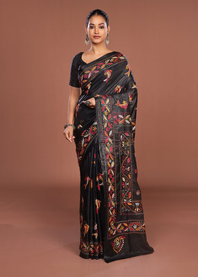 Black Kantha Stitch Silk Saree With Blouse Piece