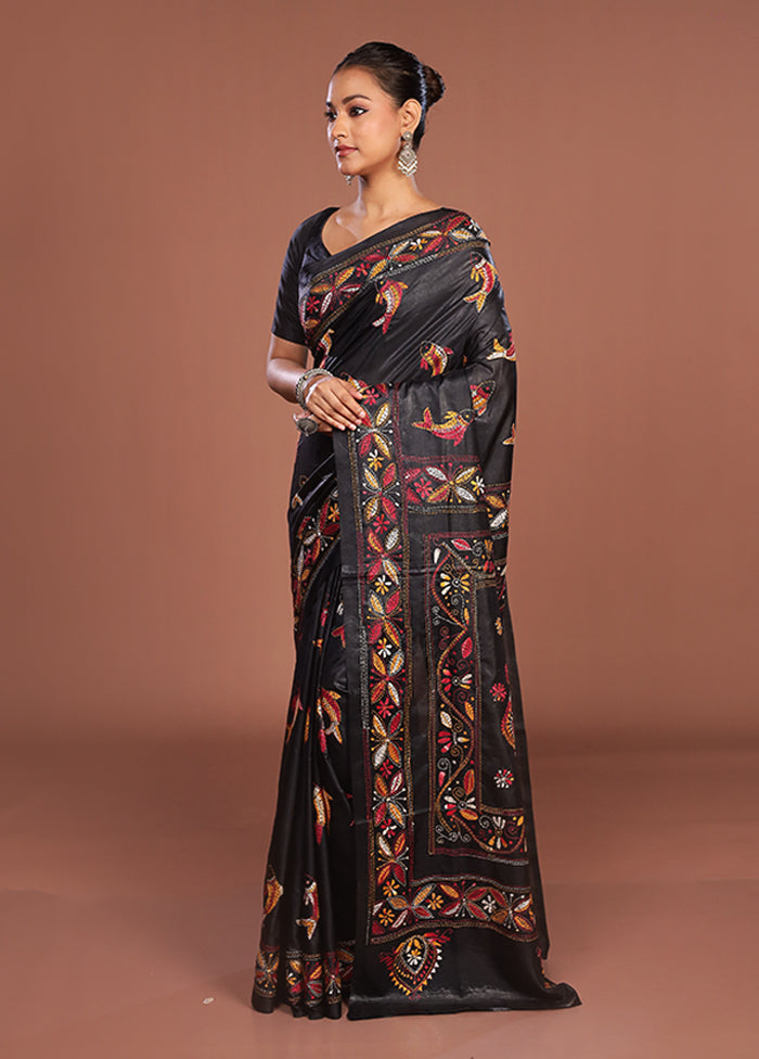 Black Kantha Stitch Silk Saree With Blouse Piece