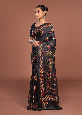 Black Kantha Stitch Silk Saree With Blouse Piece