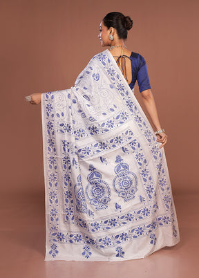 White Kantha Stitch Silk Saree With Blouse Piece