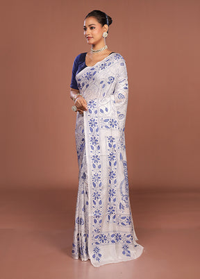 White Kantha Stitch Silk Saree With Blouse Piece