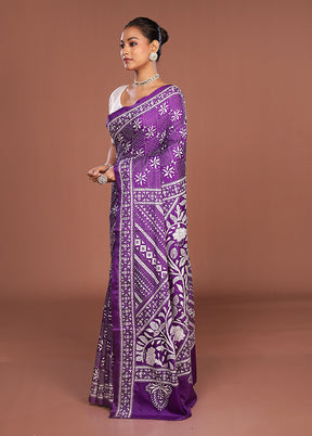 Purple Kantha Stitch Silk Saree With Blouse Piece