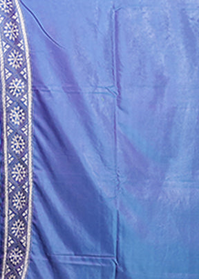 Blue Kantha Stitch Silk Saree With Blouse Piece