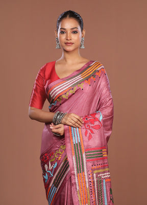 Pink Kantha Stitch Silk Saree With Blouse Piece