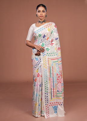 White Kantha Stitch Silk Saree With Blouse Piece
