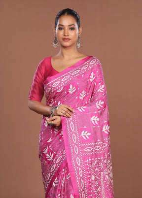 Pink Kantha Stitch Silk Saree With Blouse Piece
