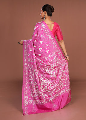 Pink Kantha Stitch Silk Saree With Blouse Piece