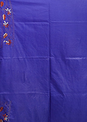 Blue Kantha Stitch Silk Saree With Blouse Piece