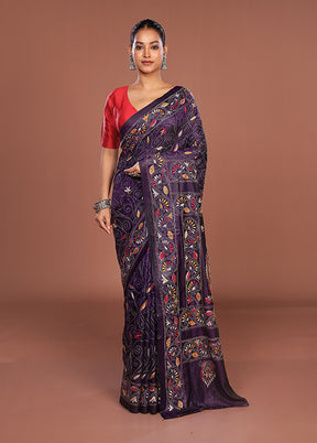 Purple Kantha Stitch Silk Saree With Blouse Piece
