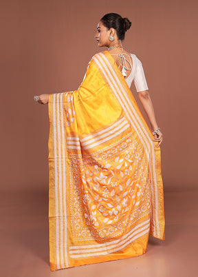 Yellow Kantha Stitch Silk Saree With Blouse Piece