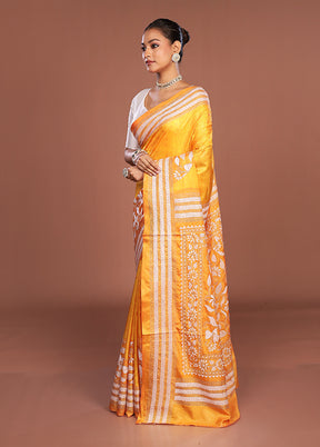 Yellow Kantha Stitch Silk Saree With Blouse Piece