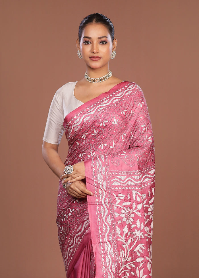 Pink Kantha Stitch Silk Saree With Blouse Piece