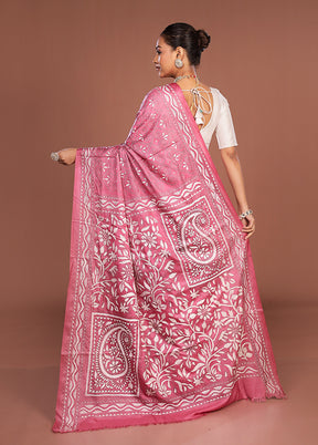 Pink Kantha Stitch Silk Saree With Blouse Piece
