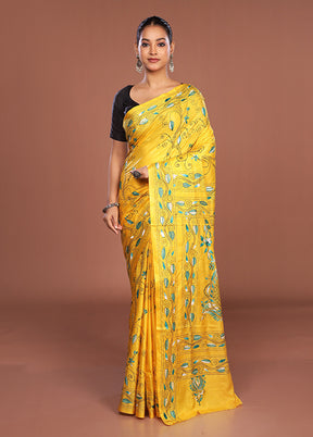 Yellow Kantha Stitch Silk Saree With Blouse Piece