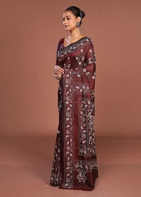 Maroon Kantha Stitch Silk Saree With Blouse Piece