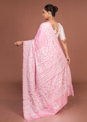 Pink Kantha Stitch Silk Saree With Blouse Piece