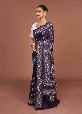 Purple Kantha Stitch Silk Saree With Blouse Piece