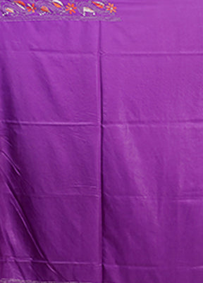 Purple Kantha Stitch Silk Saree With Blouse Piece