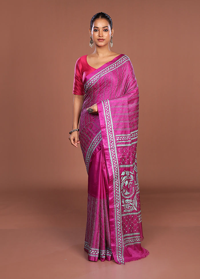 Pink Kantha Stitch Silk Saree With Blouse Piece