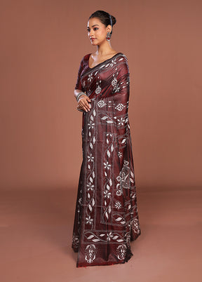 Maroon Kantha Stitch Silk Saree With Blouse Piece