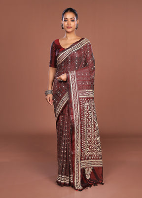 Maroon Kantha Stitch Silk Saree With Blouse Piece