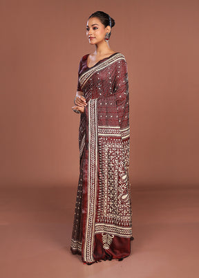 Maroon Kantha Stitch Silk Saree With Blouse Piece