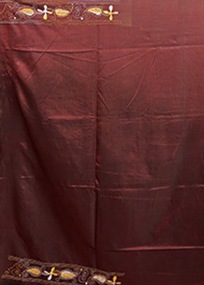 Maroon Kantha Stitch Silk Saree With Blouse Piece