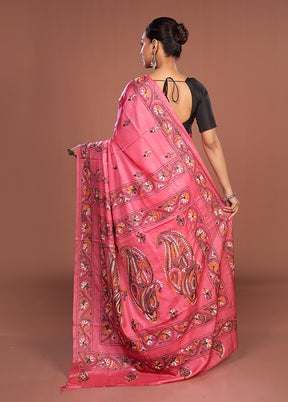 Pink Kantha Stitch Silk Saree With Blouse Piece