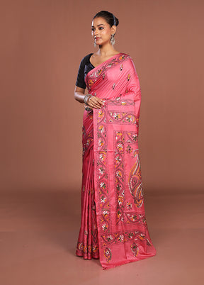 Pink Kantha Stitch Silk Saree With Blouse Piece