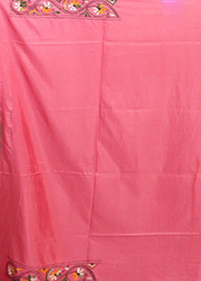 Pink Kantha Stitch Silk Saree With Blouse Piece