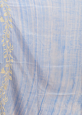 Blue Kantha Stitch Silk Saree With Blouse Piece