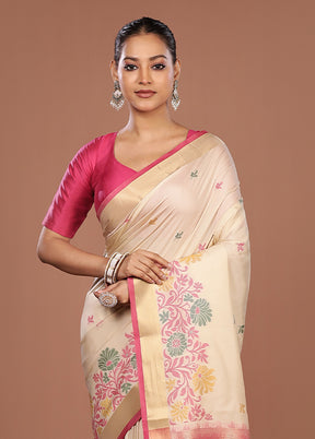 Cream Dupion Silk Saree With Blouse Piece