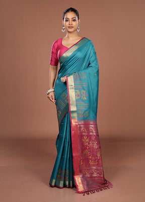 Blue Dupion Silk Saree With Blouse Piece