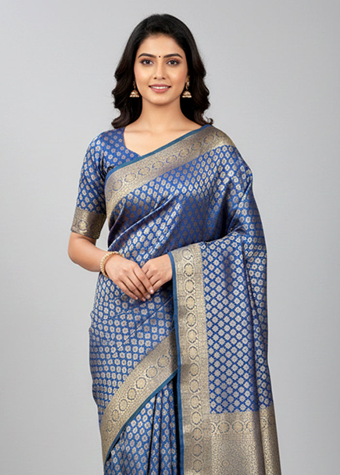 Blue Kanjivaram Silk Saree With Blouse Piece