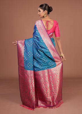 Blue Dupion Silk Saree With Blouse Piece