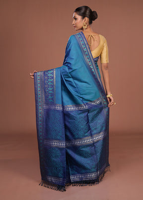 Blue Dupion Silk Saree With Blouse Piece