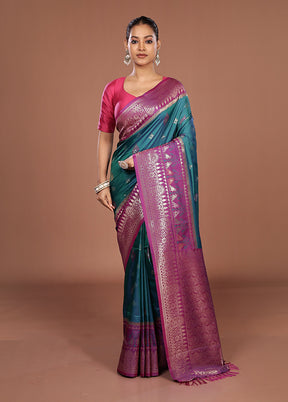 Blue Dupion Silk Saree With Blouse Piece